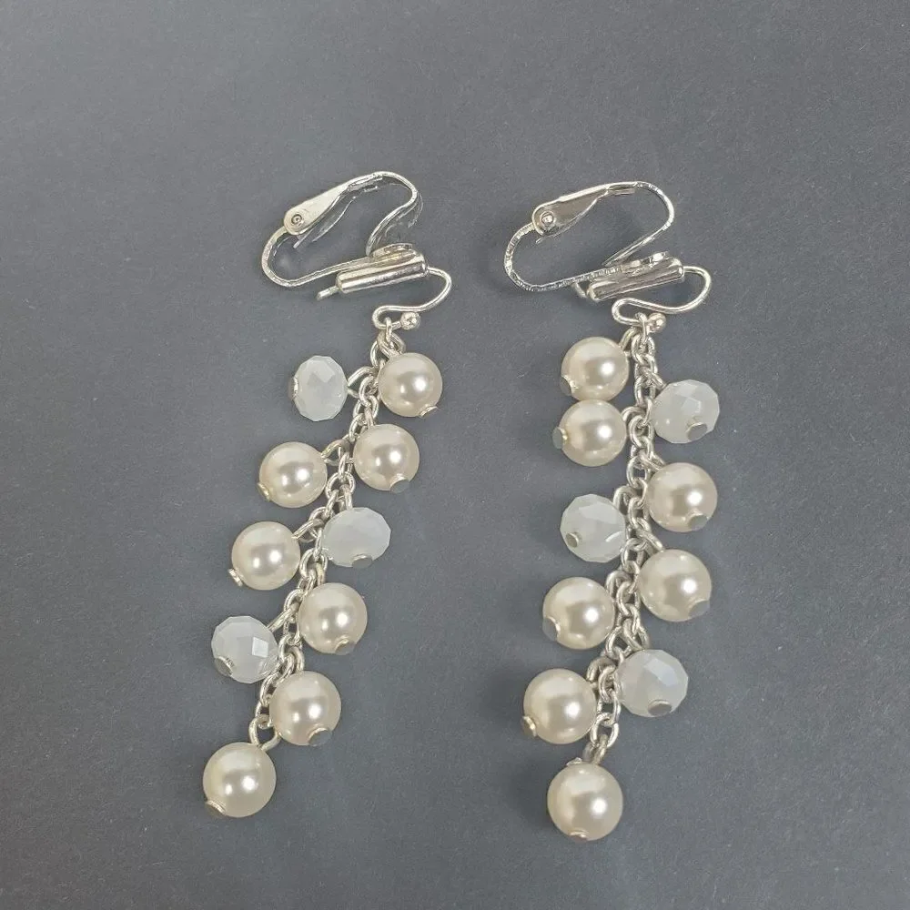Vintage Faux Pearl Bead Opaque White Glass Silver Tone Dangle Drop Clip Earrings